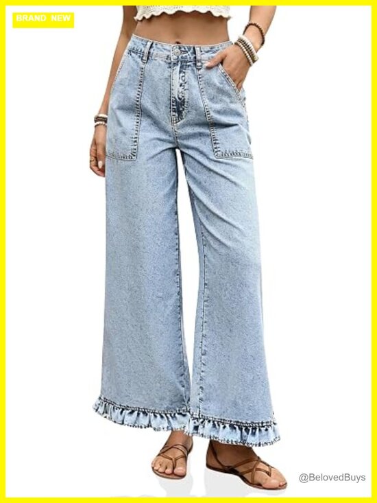 Denim - High Waisted Wide Leg Cropped Ruffle Hem Jeans with Pockets